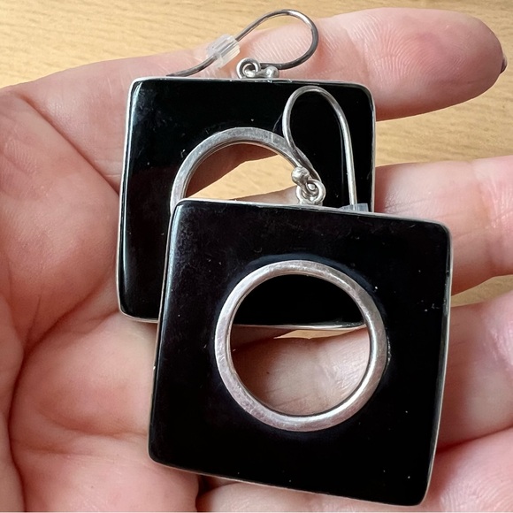 VINTAGE ONYX 925 SS LARGE OVERSIZED STATEMENT DROP DANGLE GEOMETRIC EARRINGS